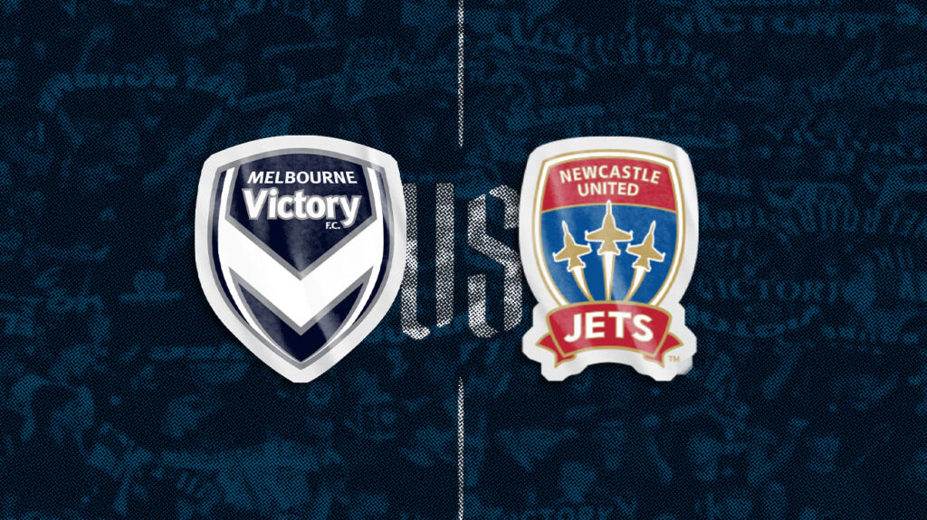 Melbourne Victory and Newcastle Jets logos on a blue background.